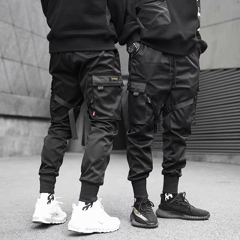 Ribbons Harem Joggers Men Cargo Pants Streetwear Hip Hop Casual Pockets Cotton Track Pants